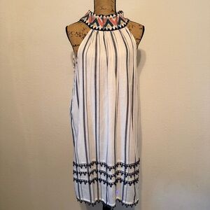 THML Women's Stripe White and Navy Embroidered Halter Dress Large